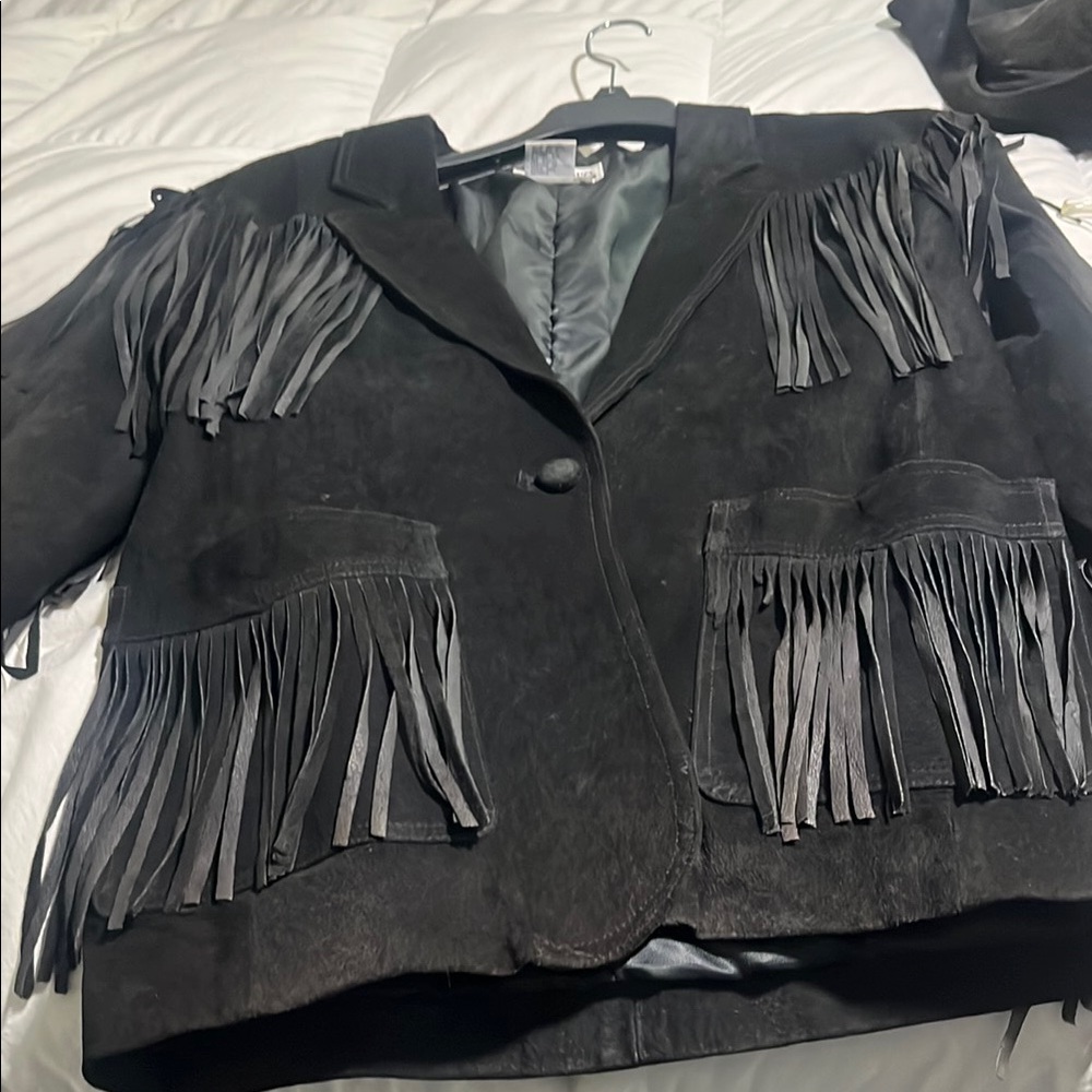Fringed  Black Suede Jacket with fringe on arms rare and UNIQUE